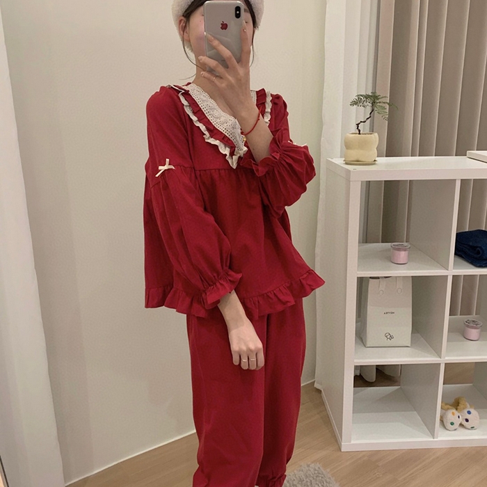 91家纺网 家纺一手货源 找家纺 （总）妍景家居生活馆 2025新款韩系V领蝴蝶结套装酒红家居服