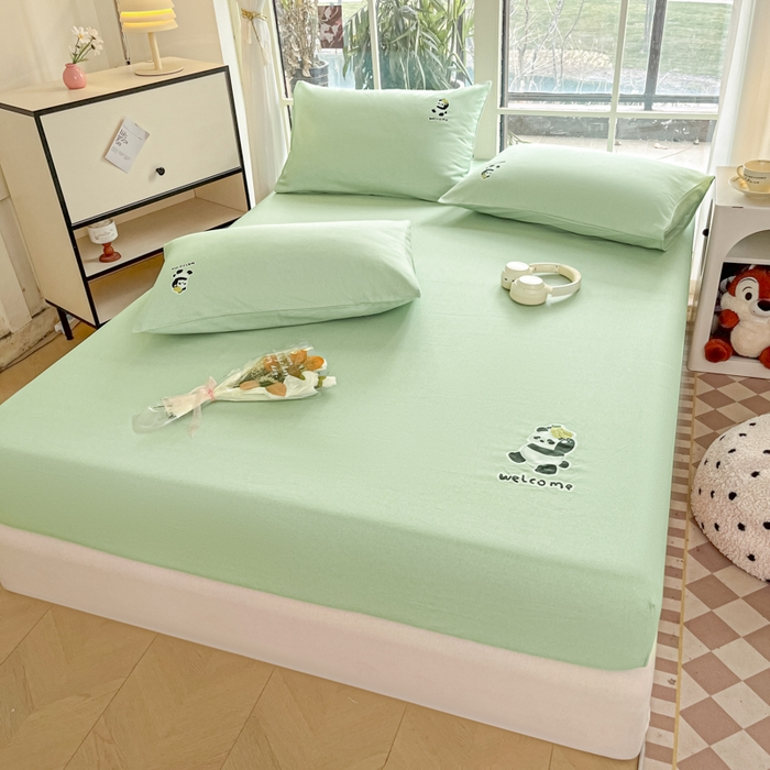 91家纺网 家纺一手货源 找家纺 博雅 2025新款全棉老粗布烫画床笠系列 绿色-香蕉熊猫