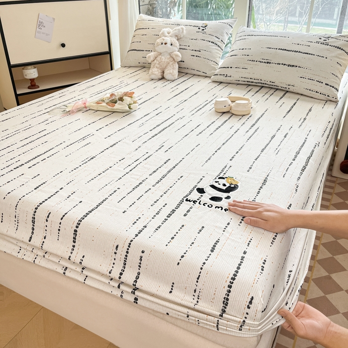 91家纺网 家纺一手货源 找家纺 博雅 2025新款全棉老粗布烫画床笠系列 纹理-香蕉熊猫