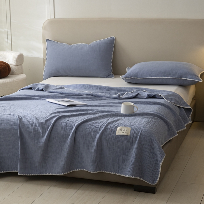 91家纺网 家纺一手货源 找家纺 博雅 2025新款全棉五层纱多功能盖毯 海天兰