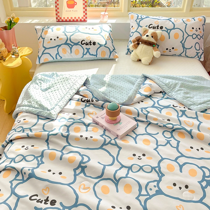 91家纺网 家纺一手货源 找家纺 恒畅 2025新款A类水洗棉印花豆豆被抗菌夏被夏凉被空调被 晚安兔兔