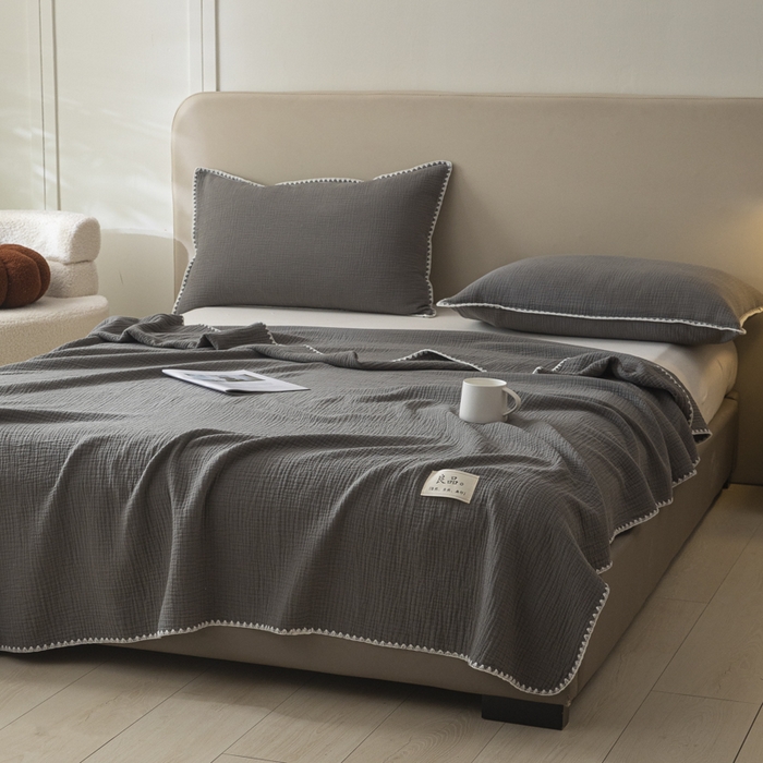 91家纺网 家纺一手货源 找家纺 博雅 2025新款全棉五层纱多功能盖毯 深灰