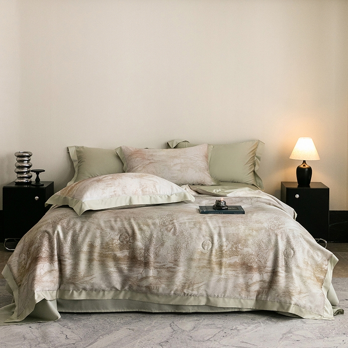 91家纺网 家纺一手货源 找家纺 立奥被业 2025年新款100%莱赛尔夏被莱赛尔夏被四件套天丝夏凉被 墨屿-绿