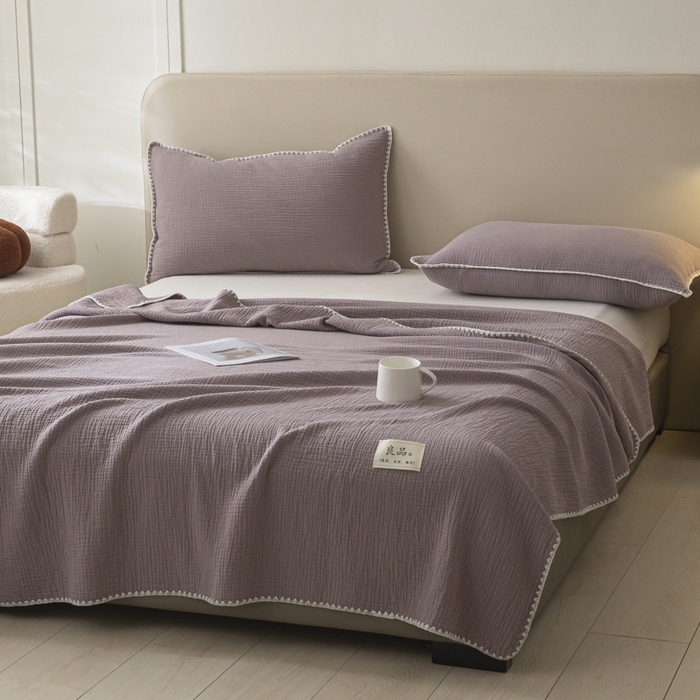 91家纺网 家纺一手货源 找家纺 博雅 2025新款全棉五层纱多功能盖毯 芋泥紫