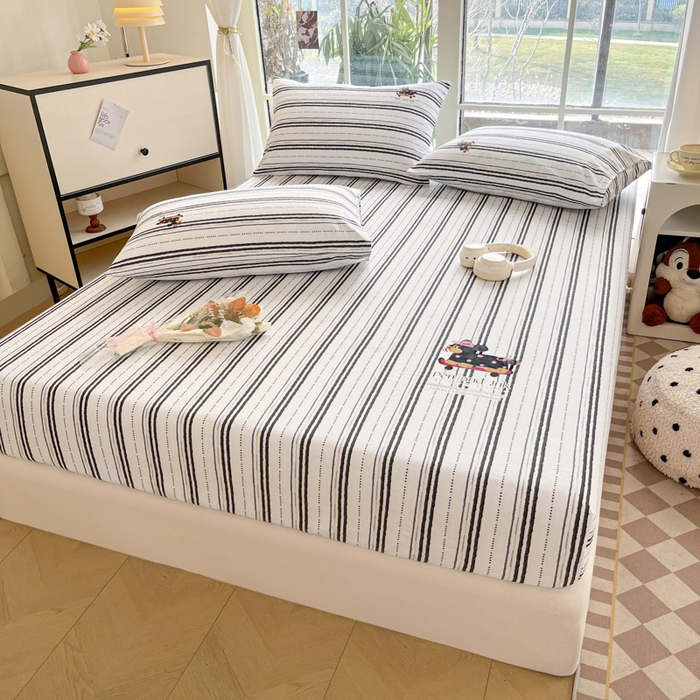 91家纺网 家纺一手货源 找家纺 博雅 2025新款全棉老粗布烫画床笠系列 条纹-波点狗