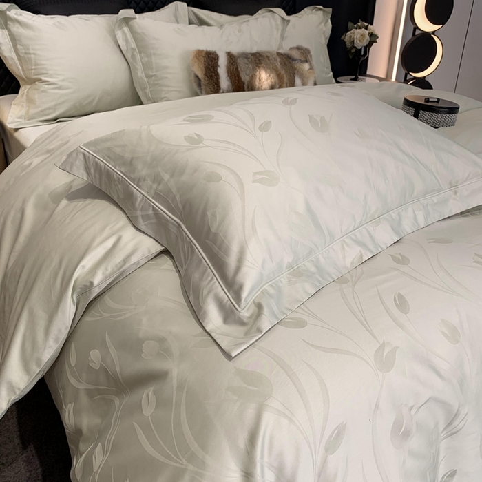 91家纺网 家纺一手货源 找家纺 莱豫 2025新款100支新疆阿克苏长绒棉提花四件套 郁金香绿