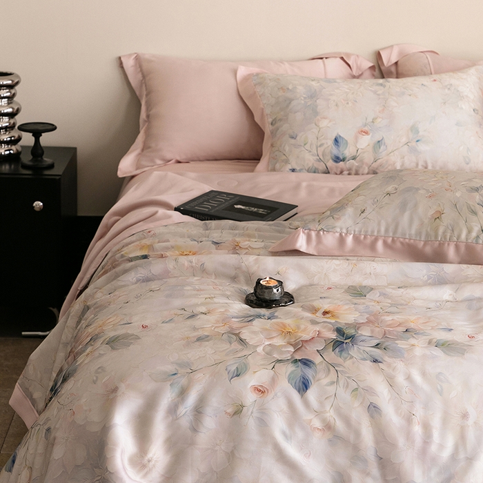 91家纺网 家纺一手货源 找家纺 立奥被业 2025年新款100%莱赛尔夏被莱赛尔夏被四件套天丝夏凉被 忆江南-粉