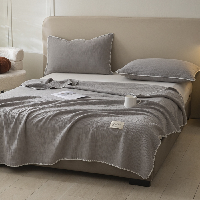 91家纺网 家纺一手货源 找家纺 博雅 2025新款全棉五层纱多功能盖毯 浅灰