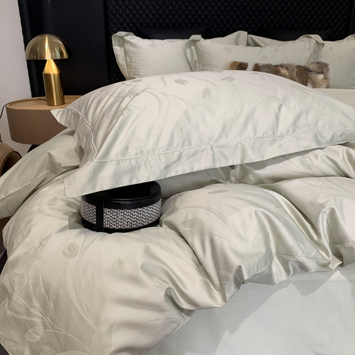 91家纺网 家纺一手货源 找家纺 莱豫 2025新款100支新疆阿克苏长绒棉提花四件套 郁金香绿