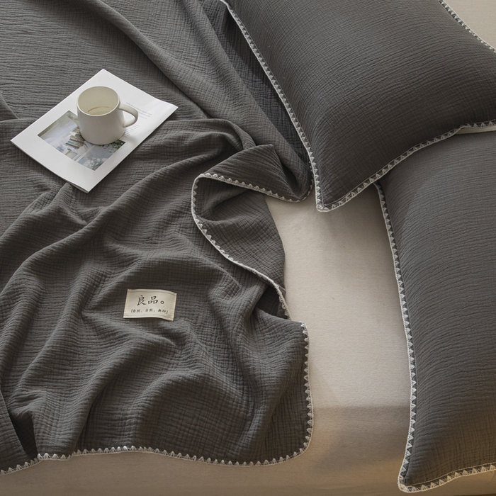 91家纺网 家纺一手货源 找家纺 博雅 2025新款全棉五层纱多功能盖毯 深灰