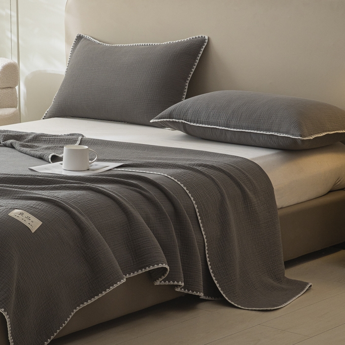 91家纺网 家纺一手货源 找家纺 博雅 2025新款全棉五层纱多功能盖毯 深灰