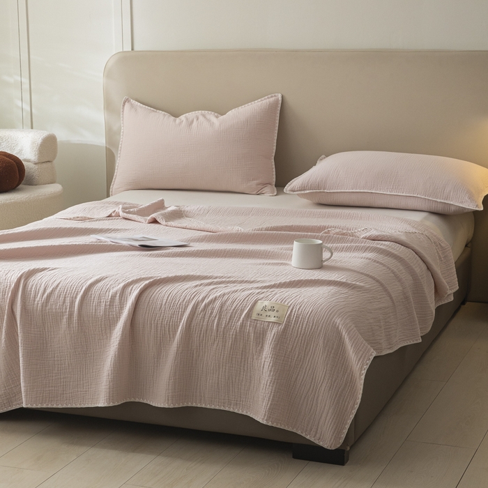 91家纺网 家纺一手货源 找家纺 博雅 2025新款全棉五层纱多功能盖毯 粉色