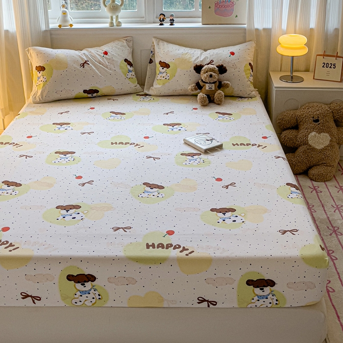 91家纺网 家纺一手货源 找家纺 仟人梦2025新款水洗棉印花床笠 快乐狗狗