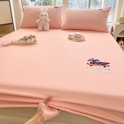 博雅 2025新款全棉老粗布烫画床笠系列 粉色-波点狗