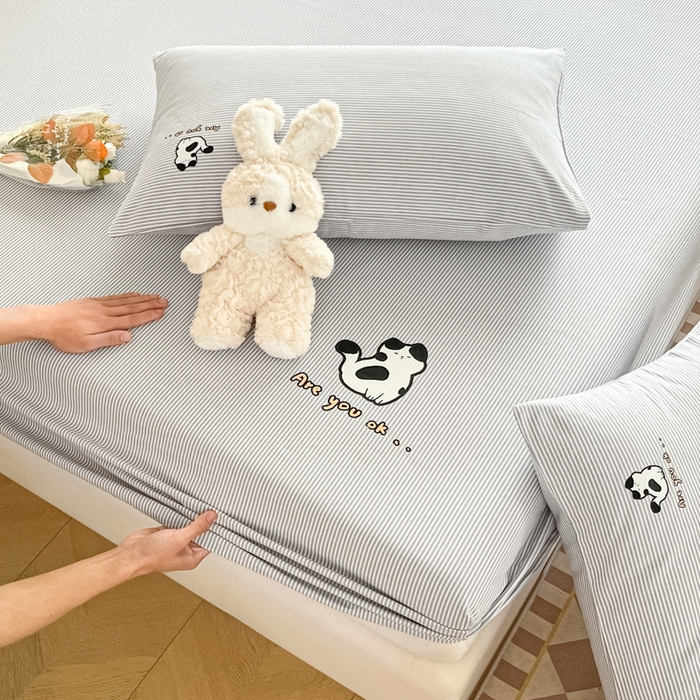 91家纺网 家纺一手货源 找家纺 博雅 2025新款全棉老粗布烫画床笠系列 淡海蓝-小花猫