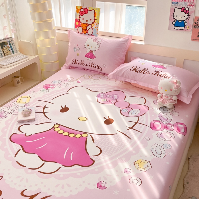 91家纺网 家纺一手货源 找家纺 博雅 2025新款三丽鸥全棉大版床笠-第二批 花花KT猫