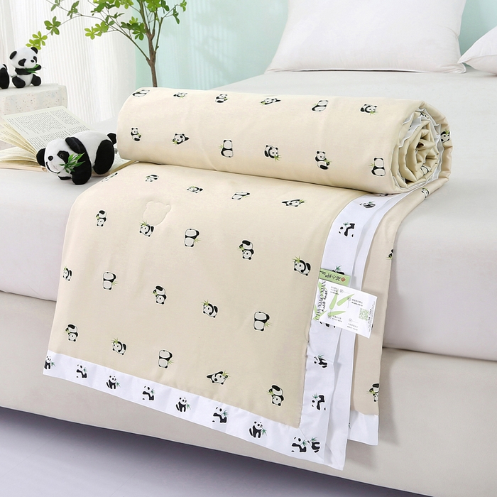 91家纺网 家纺一手货源 找家纺 薇玛仕 2025小熊猫系列-60支精梳长绒棉双拼角宽边双A类母婴级儿童蚕丝夏凉被空调被 小熊猫-金