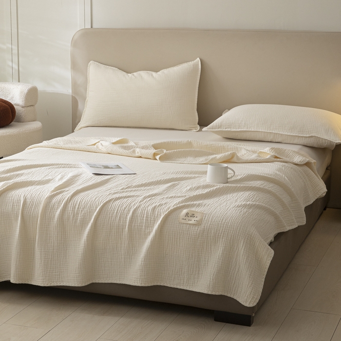 91家纺网 家纺一手货源 找家纺 博雅 2025新款全棉五层纱多功能盖毯 米白