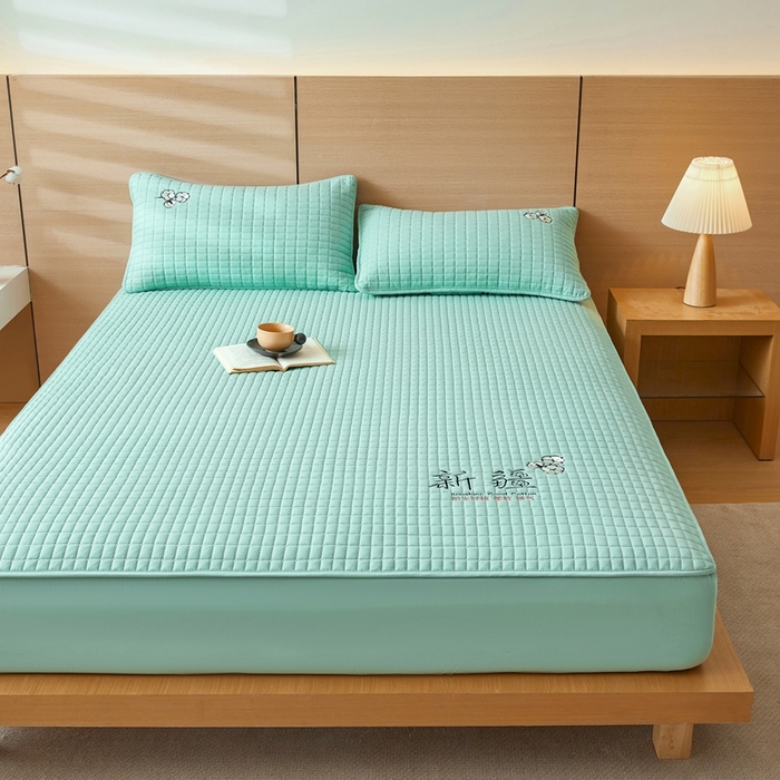 91家纺网 家纺一手货源 找家纺 锦眠床笠2025新款刺绣床笠新疆棉花填充-夹棉床笠 青春绿