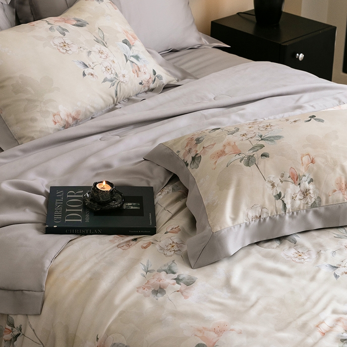 91家纺网 家纺一手货源 找家纺 立奥被业 2025年新款100%莱赛尔夏被莱赛尔夏被四件套天丝夏凉被 佳人醉-灰