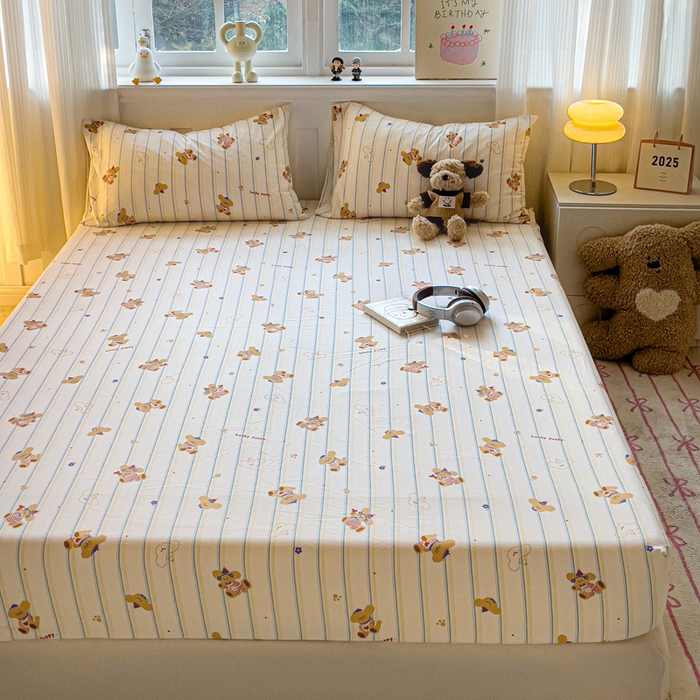 91家纺网 家纺一手货源 找家纺 仟人梦2025新款水洗棉印花床笠 心乐熊