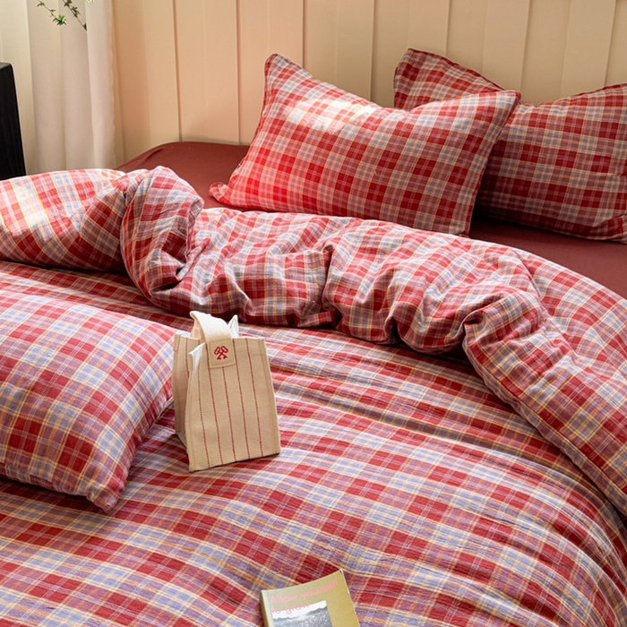 91家纺网 家纺一手货源 找家纺 （总）萝莉家纺 2025新款复古全棉A类色织双层纱皱皱纱格子四件套