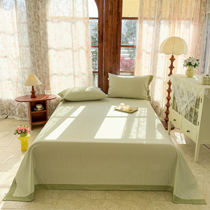 91家纺网 家纺一手货源 找家纺 简宜家居 2025新款宽边纯棉全棉老粗布床单 条纹-绿野宽边