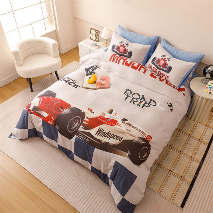 91家纺网 家纺一手货源 找家纺 馨语家居 2025新款全棉双层纱四件套 赛车世界