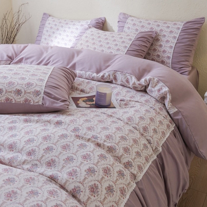 91家纺网 家纺一手货源 找家纺 布可家纺 2025新款A类法式清新褶皱印花四件套 麦哲伦