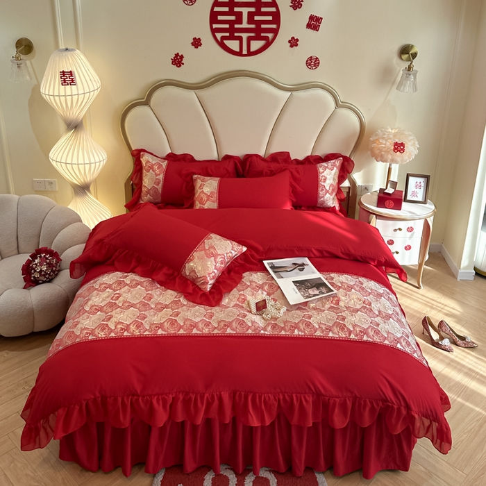 91家纺网 家纺一手货源 找家纺 富盛家纺2025新款婚庆亲肤棉磨毛刺绣四件套 喜庆—月光恋人