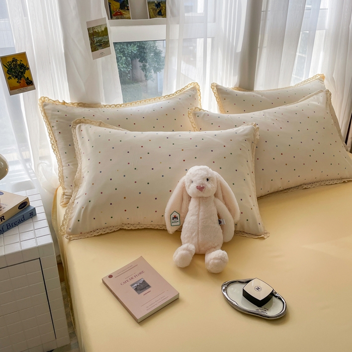 91家纺网 家纺一手货源 找家纺 仟网汇 2025新款韩版镂空花边针织双层纱四件套 彩波点