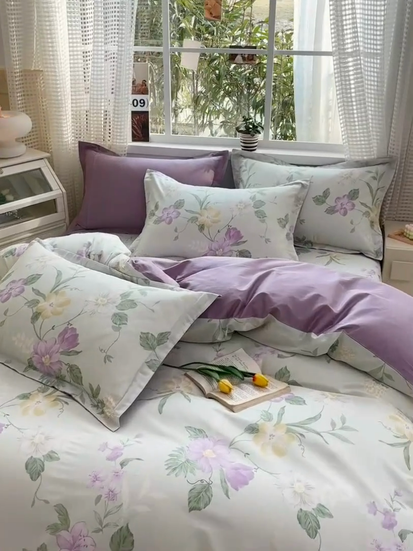 91家纺网 家纺一手货源 找家纺 元元被芯 2025新款40支13372全棉印花全棉四件套 紫萱