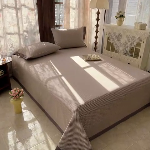 91家纺网 家纺一手货源 找家纺 简宜家居 2025新款宽边纯棉全棉老粗布床单 千鸟格-微醺紫