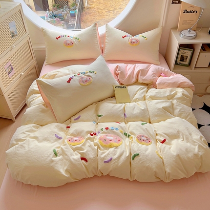 韩秀家纺 2025新款115g超柔糯糯棉水洗棉毛巾绣四件套 甜甜圈-米黄拼玉