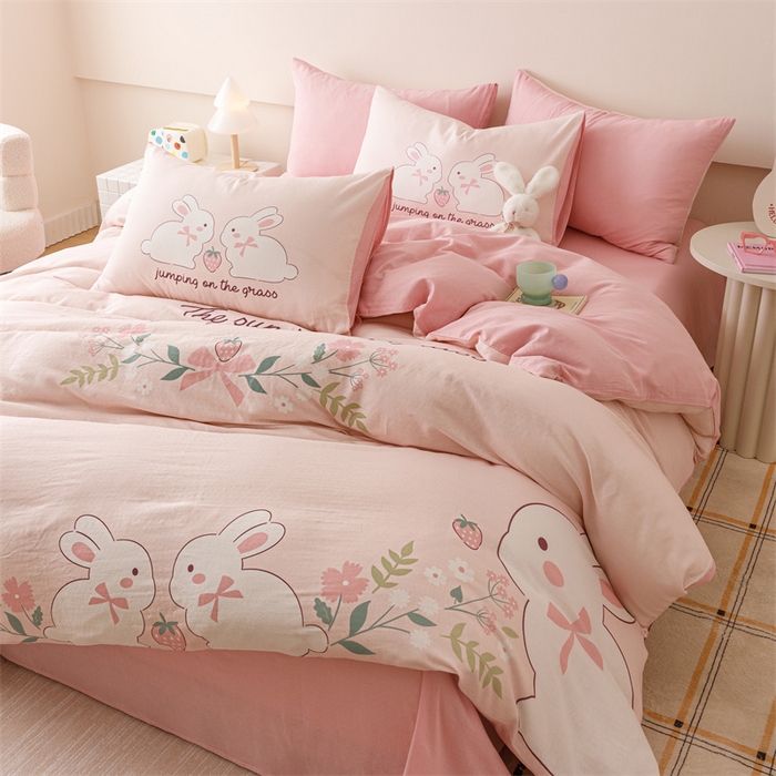 91家纺网 家纺一手货源 找家纺 馨语家居 2025新款全棉双层纱四件套 兔兔派对