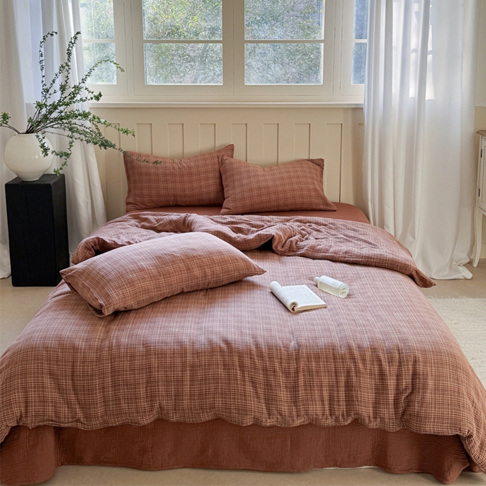 91家纺网 家纺一手货源 找家纺 萝莉家纺 2025新款复古全棉A类色织双层纱皱皱纱格子四件套 浮生酒红