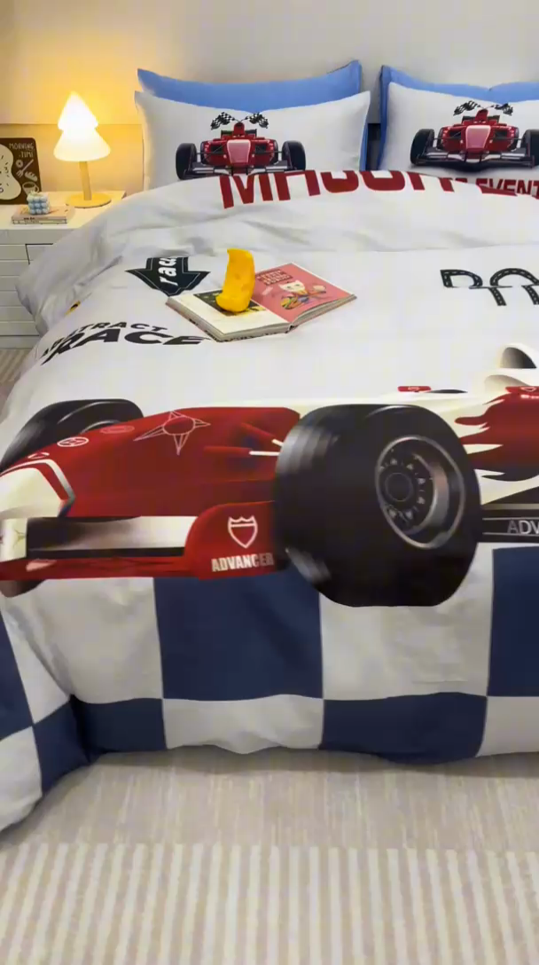 91家纺网 家纺一手货源 找家纺 馨语家居 2025新款全棉双层纱四件套 赛车世界