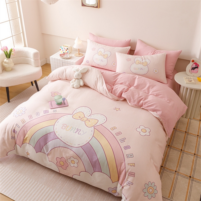 91家纺网 家纺一手货源 找家纺 馨语家居 2025新款全棉双层纱四件套 彩虹兔