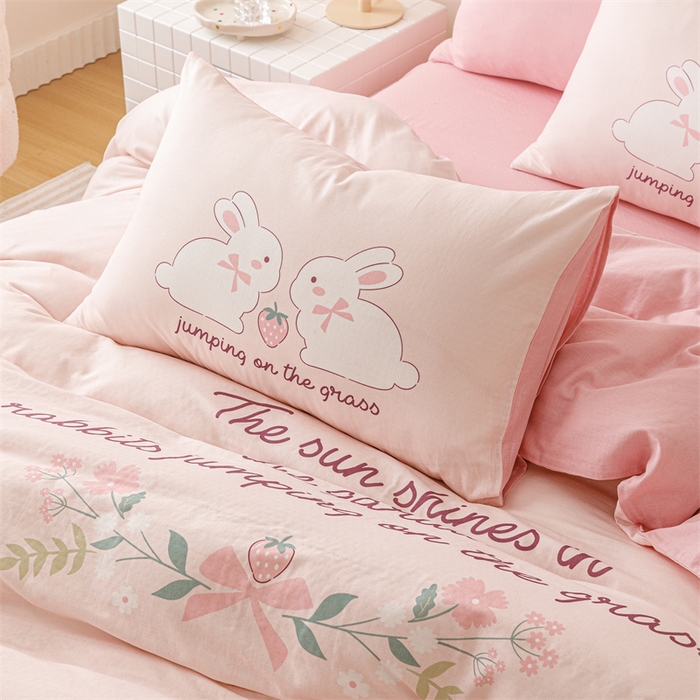 91家纺网 家纺一手货源 找家纺 馨语家居 2025新款全棉双层纱四件套 兔兔派对