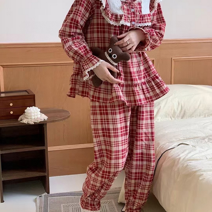 91家纺网 家纺一手货源 找家纺 （总）妍景家居生活馆 2025新款韩系色织棉格子套装酒红