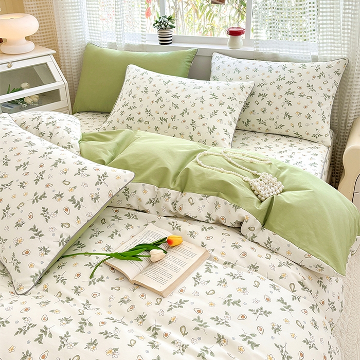 91家纺网 家纺一手货源 找家纺 元元被芯 2025新款40支13372全棉印花全棉夹棉床笠四件套 绿意