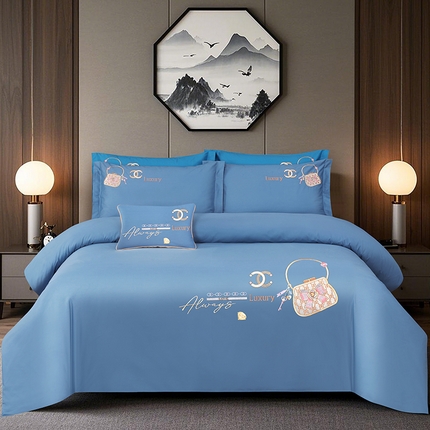 浩情国际婚庆供货中心 2026新款100支全棉高端刺绣中式风四件套--米尔顿系列 米尔顿-兰灰