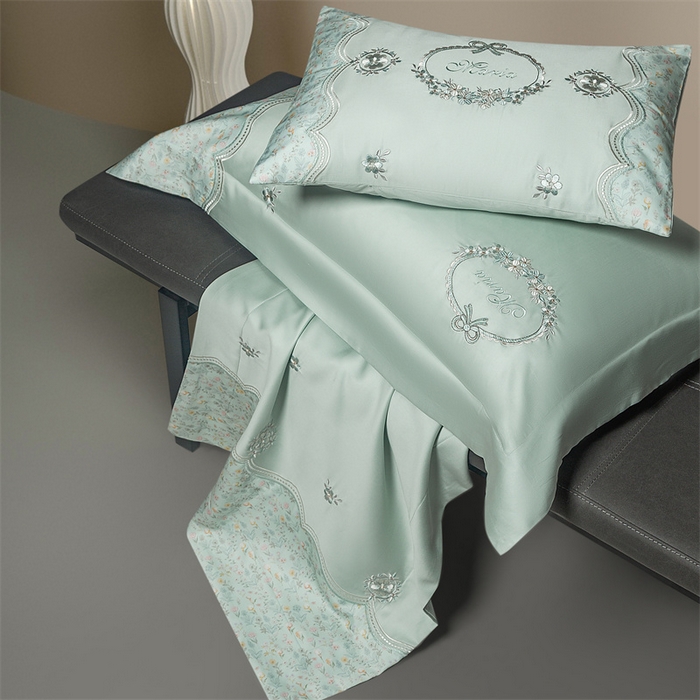 91家纺网 家纺一手货源 找家纺 高大尚婚庆馆 2025新款艾能棉高端绣花四件套-巴黎甜心 巴黎甜心-清新绿