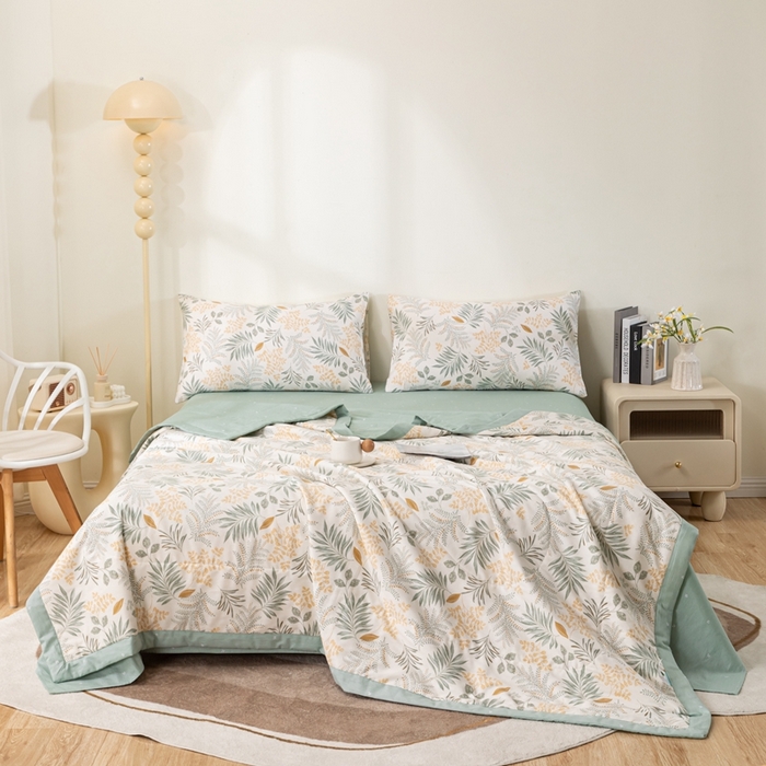 91家纺网 家纺一手货源 找家纺 鑫棉坊 2025新款A类全棉印花大豆纤维空调被大豆被 花影轻颜-绿