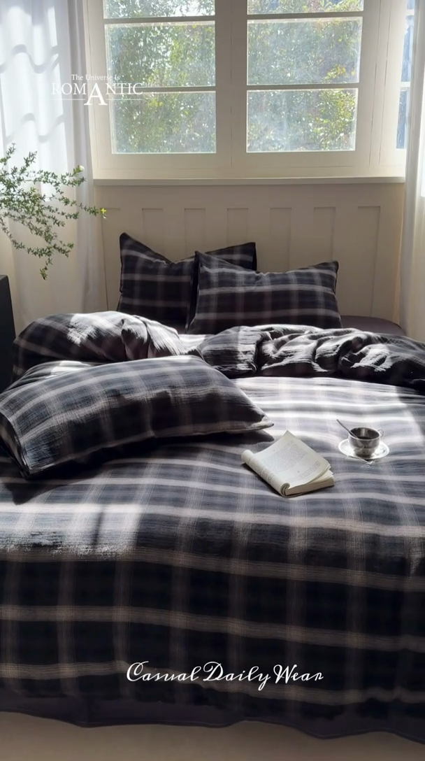 91家纺网 家纺一手货源 找家纺 萝莉家纺 2025新款复古全棉A类色织双层纱皱皱纱格子四件套 黑大格