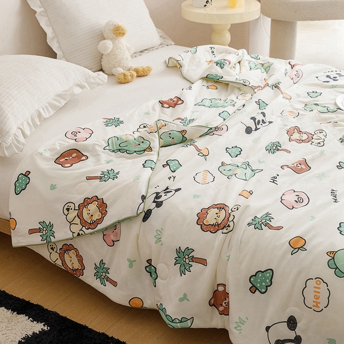 91家纺网 家纺一手货源 找家纺 优被业 2025新款A类牛奶丝针织棉夏被20%大豆(四周踩棉)软糯夏凉被空调被 动物园