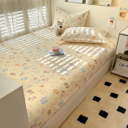 91家纺网 家纺一手货源 找家纺 百寐2025新款全棉13372床笠被套单品枕套三四件套学生组合加大单件-单床笠单床单 泡芙狗