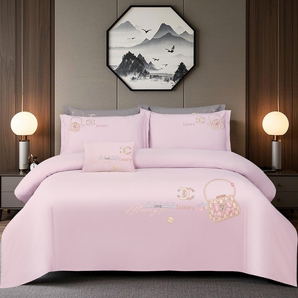 浩情国际婚庆供货中心 2026新款100支全棉高端刺绣中式风四件套--米尔顿系列 米尔顿-藕粉