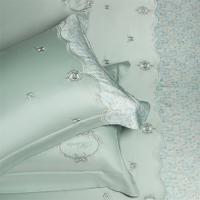 91家纺网 家纺一手货源 找家纺 高大尚婚庆馆 2025新款艾能棉高端绣花四件套-巴黎甜心 巴黎甜心-清新绿