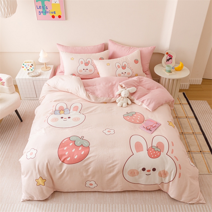 91家纺网 家纺一手货源 找家纺 馨语家居 2025新款全棉双层纱四件套 草莓兔